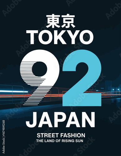 An engaging design featuring 'Tokyo 92 Japan', symbolizing street fashion and the energetic spirit of the urban culture, ideal for fashion enthusiasts and city lovers.