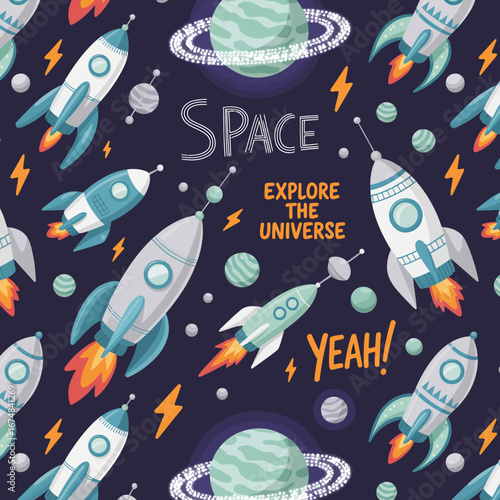 Featuring a dynamic arrangement of rockets and planets, this design conveys the excitement of space travel, ideal for children's entertainment or educational materials.
