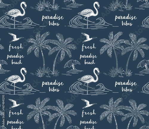 An artistic representation of a flamingo standing amidst waves and palms, showcasing a tropical theme that brings a fresh and summery ambiance to any design project.