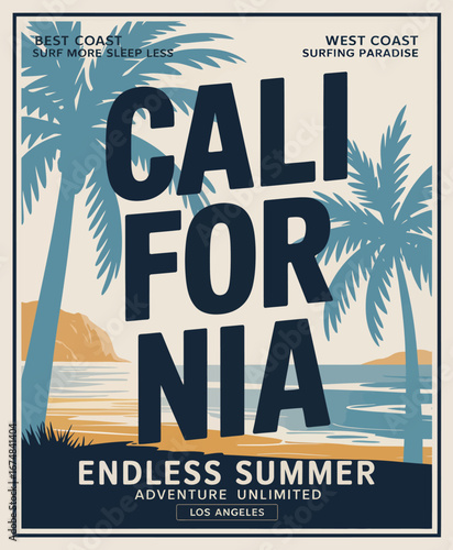This stunning image of California features palm trees and a beautiful beach scene, representing adventure and the joys of surfing in Los Angeles under the warm sun and blue skies.