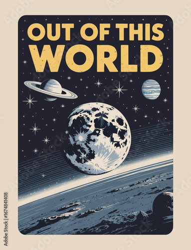 A captivating cosmic scene featuring planets and a moonscape, illustrating the beauty and wonder of space exploration in a vivid and colorful style.