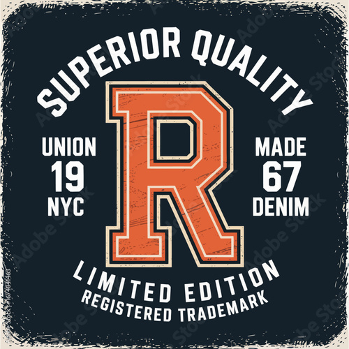 A visually captivating denim label showcasing the bold R design, symbolizing superior quality and craftsmanship, rooted in limited edition fashion from 1967.