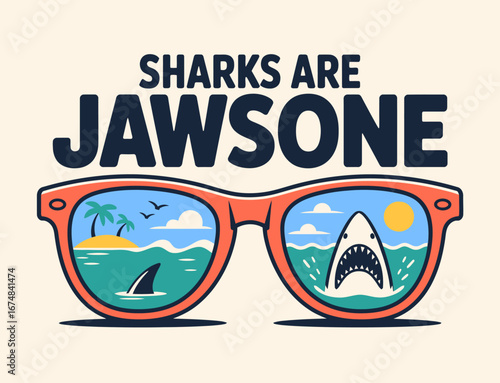 An exciting graphic depicting sunglasses reflecting a shark in the ocean, representing playfulness, thrill, and adventure associated with marine life.