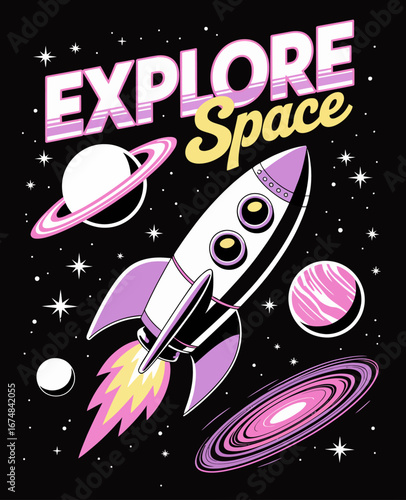An engaging image showcasing a rocket launching into space, surrounded by colorful celestial objects, encapsulating the excitement and wonder of space travel and discovery.
