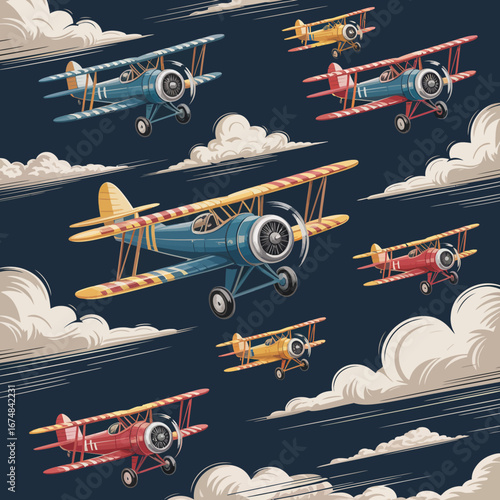 A captivating illustration of colorful vintage biplanes soaring through a backdrop of fluffy clouds, evoking a sense of adventure and nostalgia in the aviation world.