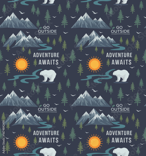 Captivating nature landscape pattern presenting the sun, forests, and rivers, infusing energy into any design while highlighting the beauty of the great outdoors.