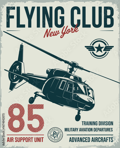 A visually appealing aviation poster featuring a military helicopter categorized as air support, incorporating clean lines and a modern retro design in New York's aviation scene.