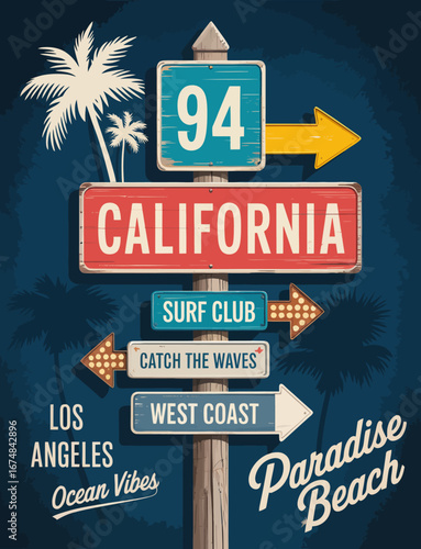 This attractive artwork combines colorful directional signs with California's surf scene and lifestyle, ideal for anyone dreaming of beach life and ocean happiness.