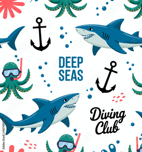 An engaging design featuring colorful sharks and octopuses in an underwater theme, perfect for kids and those fascinated by marine life and ocean adventures.