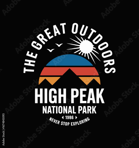 A modern logo design for High Peak National Park, integrating vivid colors and geometric mountain shapes, epitomizing the call for exploration and appreciation of nature's beauty.