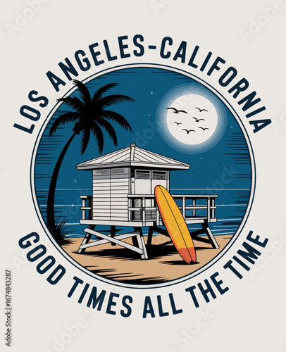 A calm coastal scene featuring a lifeguard tower and a surfboard reflects the peaceful lifestyle and adventurous spirit found in California's beach culture.