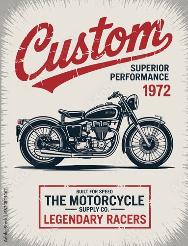 This retro illustration features a custom motorcycle design highlighting superior performance, evoking the nostalgic essence of biker culture from 1972—perfect for enthusiasts of motorbikes and art.