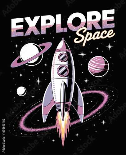 This captivating image shows a bold space rocket journeying through a vibrant galactic backdrop, showcasing the infinite possibilities and wonders of exploration in the cosmos.