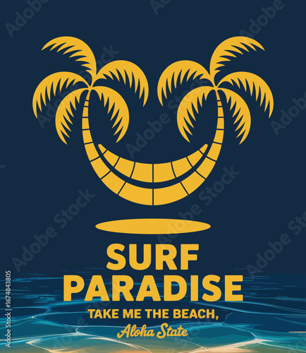 A playful graphic image of palm trees and a smiling symbol, reflecting the playful and carefree atmosphere of a beach lifestyle and the joyful pursuit of fun in the sun.