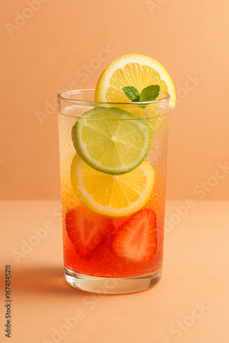 a layer of fruit infused with carbonated water in a glass cup