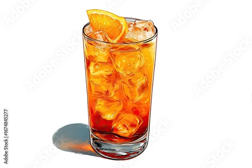 A vibrant, illustrated cocktail.  Orange slice atop a tall glass, filled with amber-colored drink and ice cubes.  Clear glass, slight shadow, studio shot