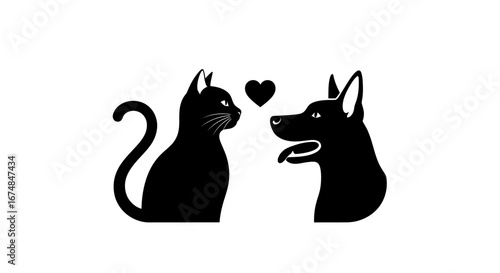 Stylized Silhouette Depiction of a Cat and Dog with a Heart Shape, Representing Animal Companionship and Affection