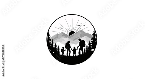 A silhouette of a family with two children hiking in a mountain landscape with a rising sun, framed within a circle.