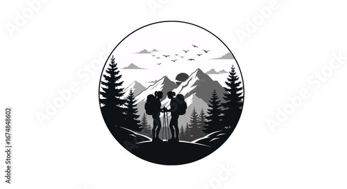 A black and white circular logo depicting a couple of hikers with backpacks in a mountain landscape with pine trees and birds.