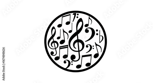 A black and white circular design filled with a variety of musical notes and symbols, including a prominent treble clef.
