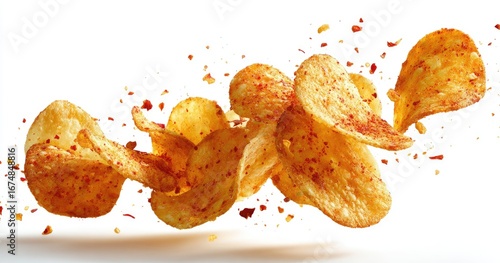 Crispy potato chips scattered, coated in red seasoning, against a white background