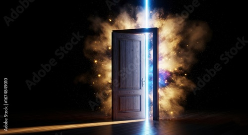 A mysterious open door unleashes a powerful burst of light and energy. A magical portal or gateway to the future, another dimension, or a new opportunity.

