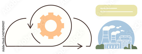 Gear within circular arrows alongside industrial plant with chimneys and emissions. Ideal for sustainability, clean energy, manufacturing process, environmental impact, recycling, industry, renewable