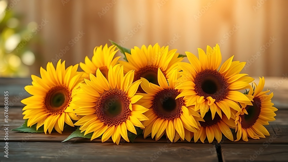 Obraz premium Sunflowers on a rustic wooden surface with warm golden tones and natural sunlight.