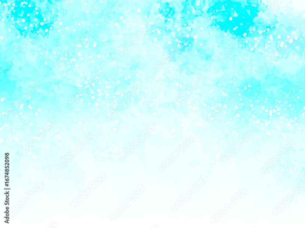 Obraz premium 梅雨時のアジサイやネモフィラなど淡い水色や紫色のお花や、青空のようなイメージの背景素材。水彩風テクスチャー。筆のタッチ。水彩の柔らかなにじみ。キラキラした光。水滴の輝き。しっとり感。