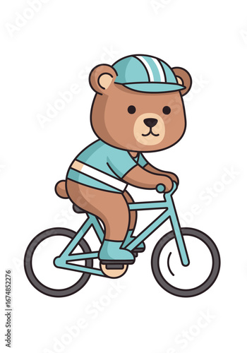 This adorable cartoon bear, dressed in a cheerful blue cycling uniform and matching helmet, actively pedals its bicycle, embodying a fun, healthy, and adventurous spirit.