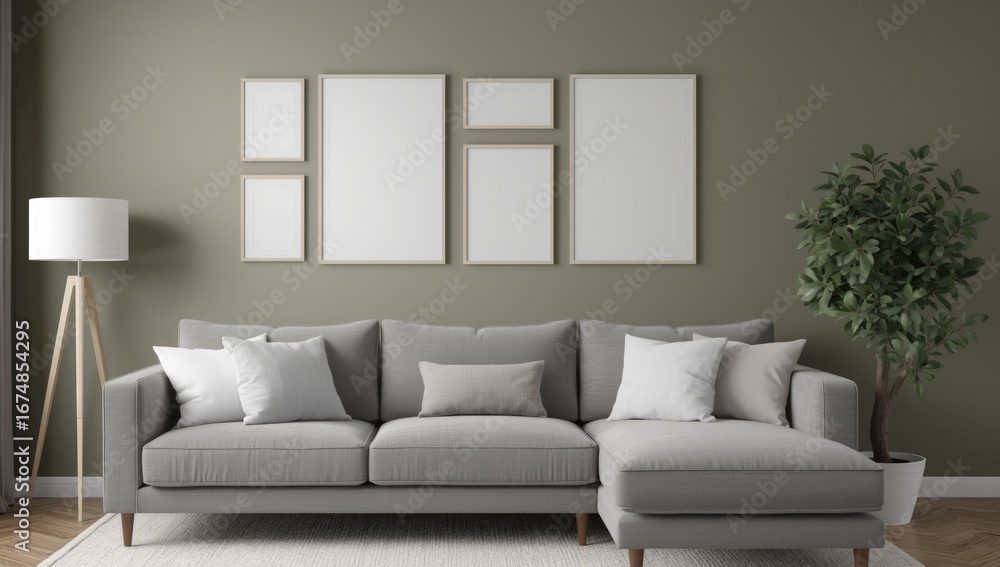 Fototapeta premium A modern sectional sofa in a living room with a gallery wall of empty frames and a floor lamp creating a stylish and inviting home interior design