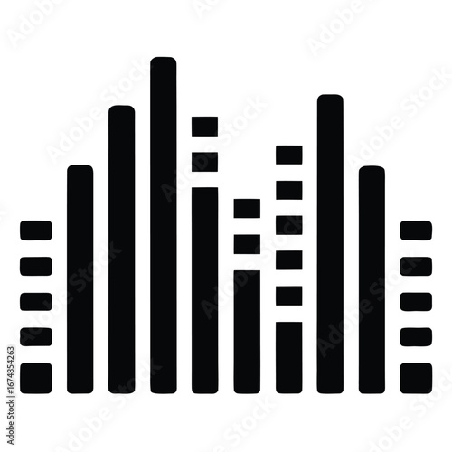 Abstract Audio Visualization: A graphic representation of sound waves, depicted through a stylized black and white equalizer, is perfect for music and audio-related concepts. 