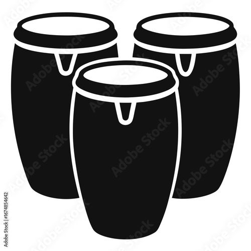 Rhythmic Echoes: A striking monochrome illustration of three conga drums, set against a blank canvas, poised to resonate with the deep, percussive heartbeat of music.