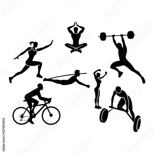 Black silhouettes of athletes engaged in various sports fitness yoga