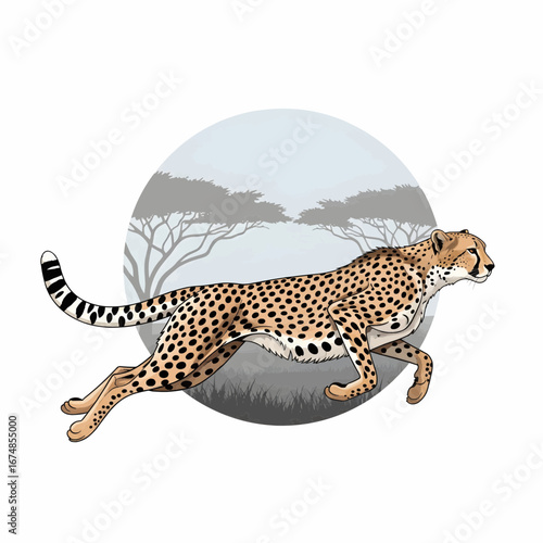 Vector illustration of a cheetah running out of a circular savanna habitat