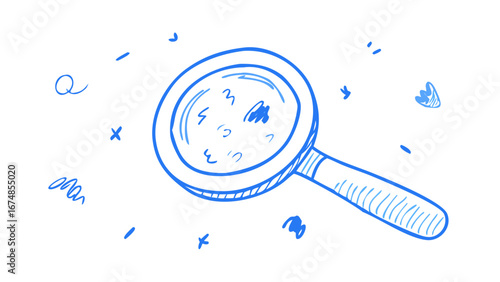 Blue doodle magnifying glass with scattered marks illustration search