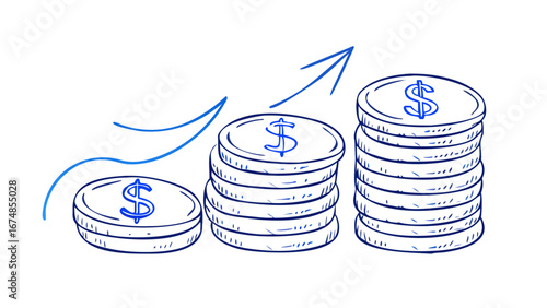 Blue dollar coins stacked with upward arrow growth