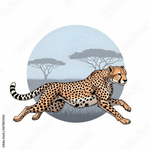 Vector illustration of a cheetah running out of a circular savanna habitat