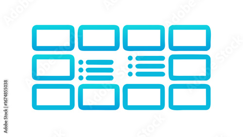 Blue framed white rectangles and bullet points organized