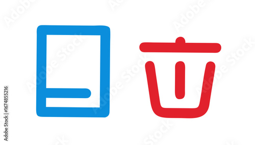 Blue rectangle and red trash bin icons vector
