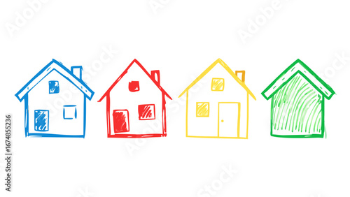 Blue red yellow green houses hand drawn icons homes buildings