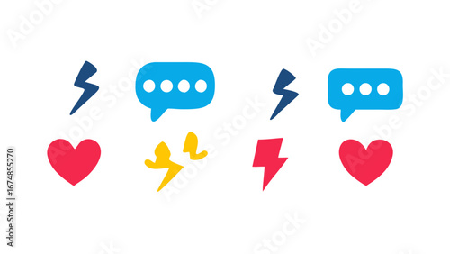 Blue speech bubbles red hearts yellow and blue lightning bolts communication love