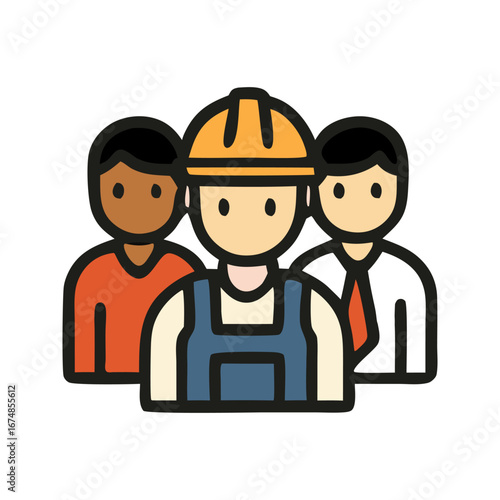 Workers union featuring laborers and hardhat icon showing solidarity. Suitable for labor movements, representing strength and unity in labor force.