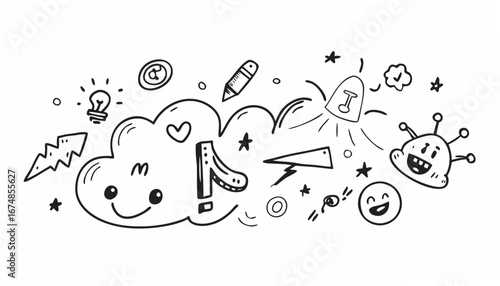 Cartoon doodle icons happy cloud rocket alien pencil vector