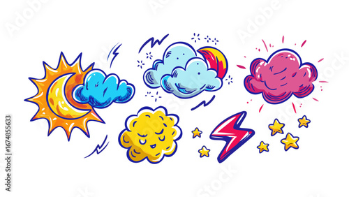 Cartoon comic style weather icons bold vibrant moon clouds