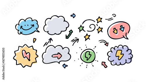 Cartoon doodle icons with speech bubbles and lightning bolts thought bubble