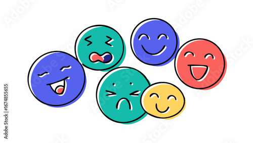 Cartoon faces with various expressions happy