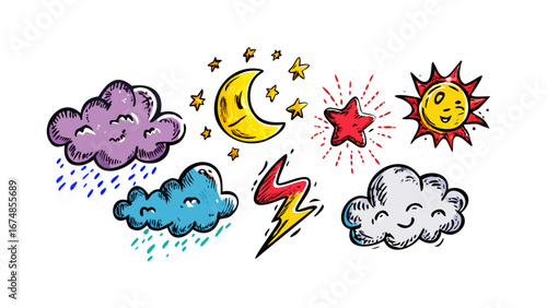 Cartoon weather icons with moon sun and clouds vector