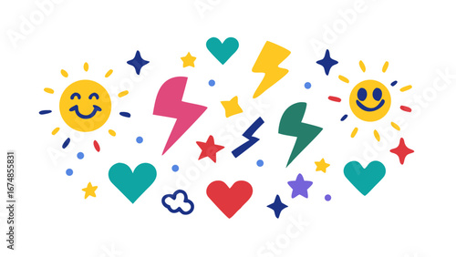 Cheerful suns hearts stars and lightning bolts smiling