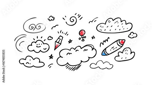 Childlike drawing of clouds and pencils doodle crayon